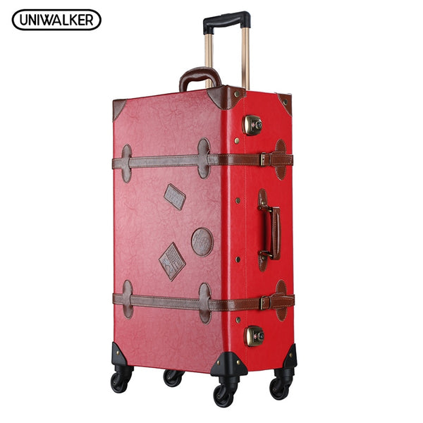 UNIWALKER 20"-26"Red Vintage Suitcase PU Leather Travel Suitcase , Scratch Resistant Rolling Luggage Bags Suitcase With TSA Lock