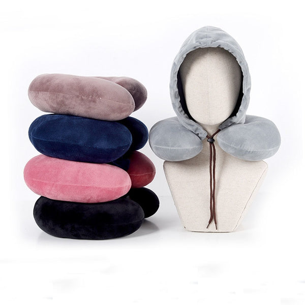 Black Gray U Shape Travel Pillow Cartoon Neck Pillow Office Airplane Hooded Neck Pillow Cushion For Sleep Outdoor Travel Pillow